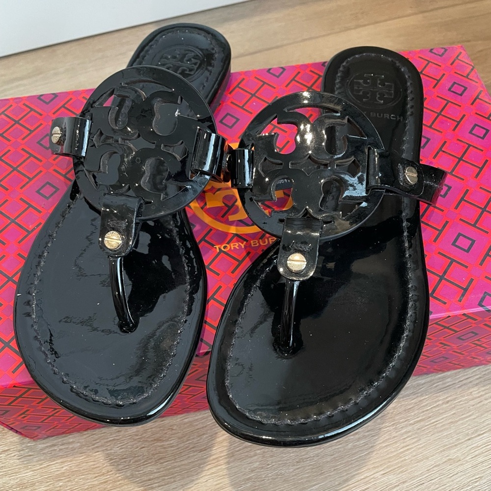 Like New - Tory Burch Miller Sandals - Size 6 - Black Patent Leather